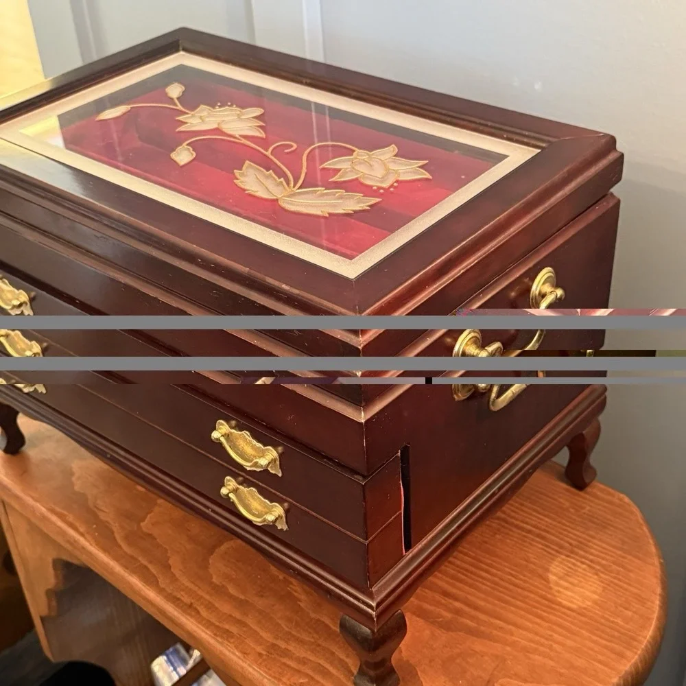 Rosalco Commodore Jewelry Box Chest Wood Etched Floral Glass Top Velvet Vintage